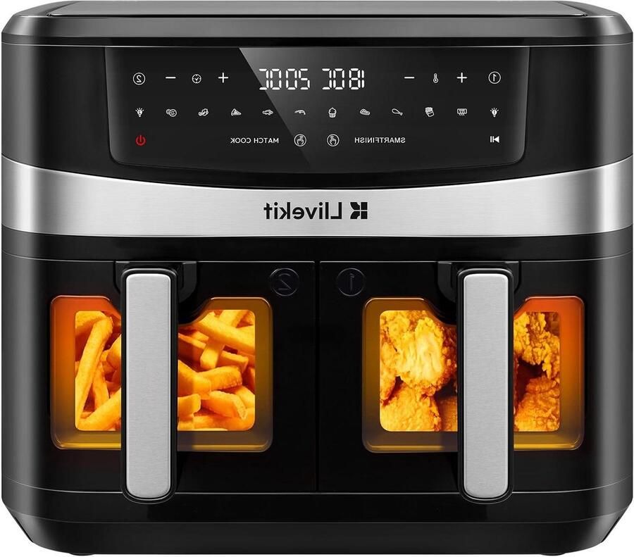 Heteluchtfriteuse Oven Dubbele Kamer Familiediners Bereiden Dubbele Temperatuurregeling 10 Liter Zwart
