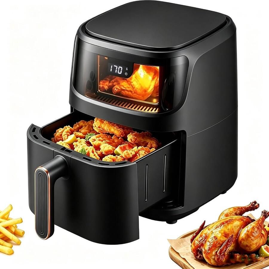 Heteluchtfriteuse Oven Multicooker Gezond Koken Zichtbaar Kookvenster 5 Liter Zwart