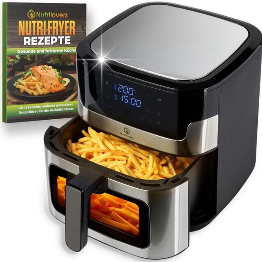 Heteluchtfriteuse RVS XXL 8L 2000W Airfryer roestvrij staal met LED Touch Display Double Heating technologie kijkvenster vetarme frietfriteuse zonder olie incl. recepten