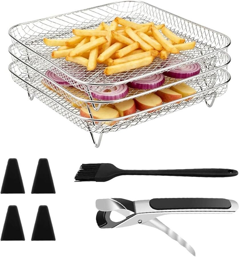 Heteluchtfriteuse stapelbare manden roestvrij staal vierkante roestvrijstalen rooster 3 stuks 19 5 x 19 5 x 4 9 cm siliconen voetjes pincet olieborstel voor oven
