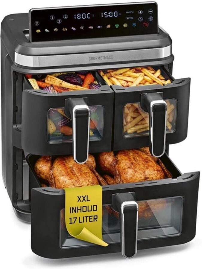 Heteluchtfriteuse Verticale 3 Kamers 3000 W Vermogen 17 Liter Inhoud Kunststof Metaal Voor Bakken Braden Frituren Airfryer XXL