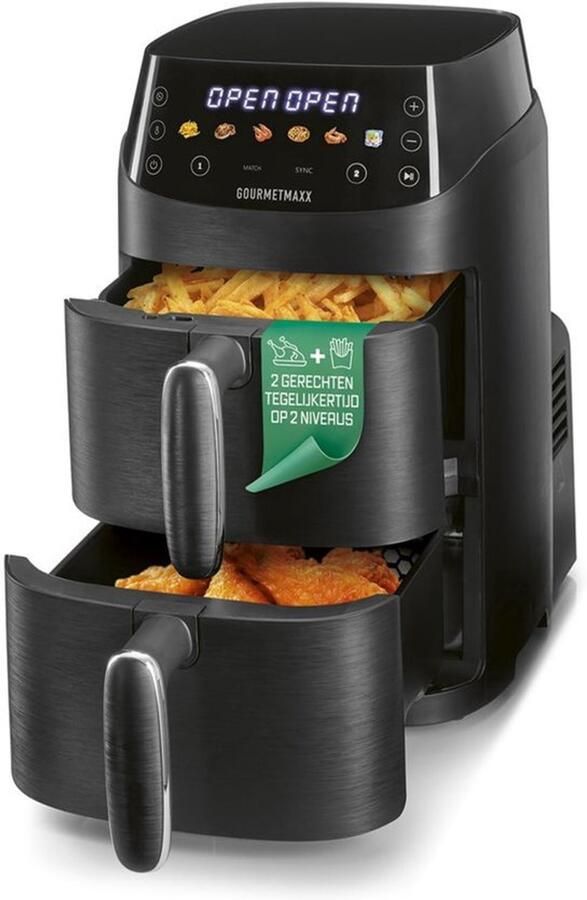 Heteluchtfriteuse Verticale Dubbele Kamer 5 Liter Inhoud 2000 Watt Vermogen Zwart Voor 2 Personen