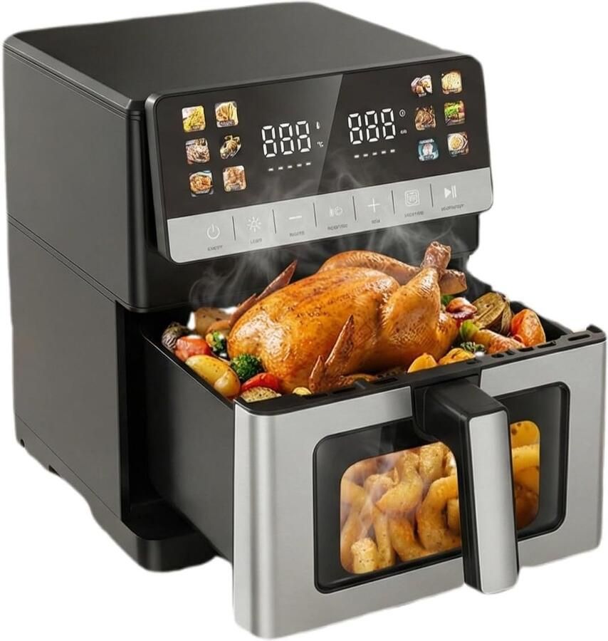 Heteluchtfriteuse XXL Airfryer Keukenapparaat Vetarm Koken Twee Verwarmings-elementen 10 Liter Capaciteit Zilver Vierkant
