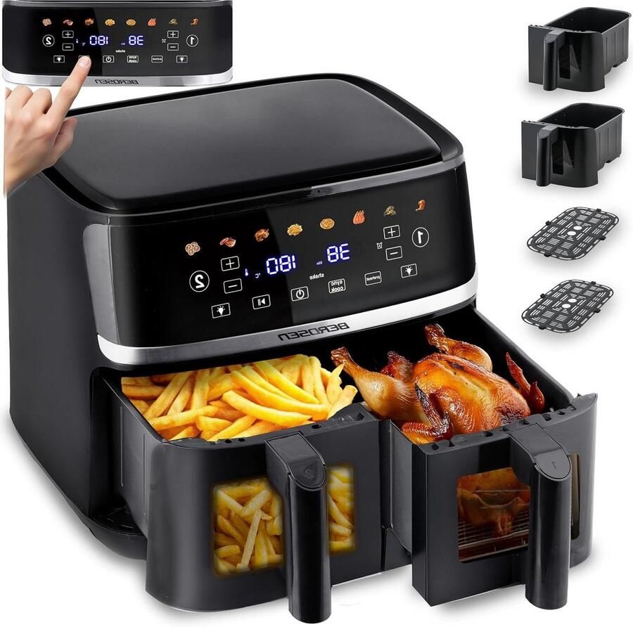 Heteluchtfriteuse XXL Dubbele Kamer Gezond Koken Twee Kijkvensters 102 Liter Zwart