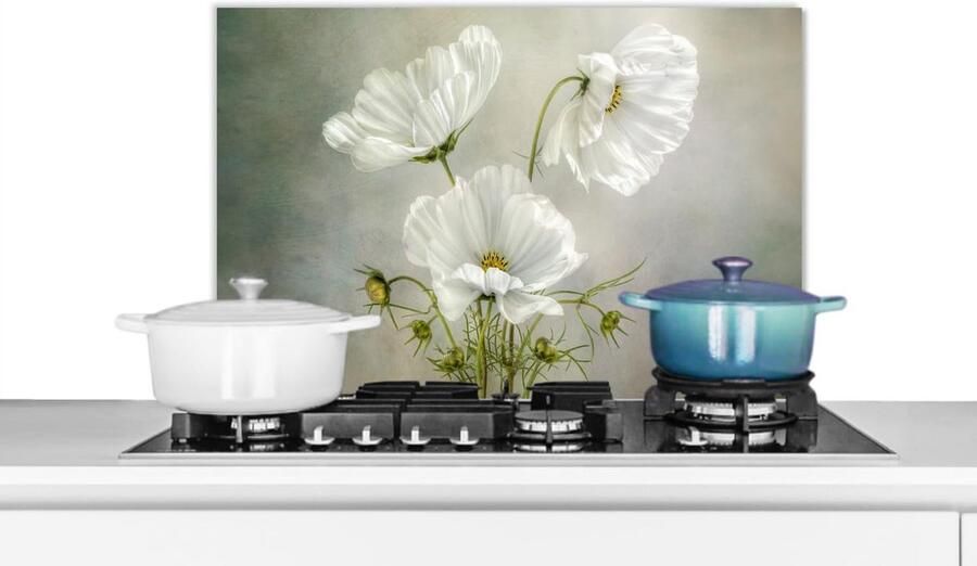 Hittebestendig Spatscherm Keuken 60x40cm Aluminium Achterwand voor Fornuis Wit Bloemen Stil Leven
