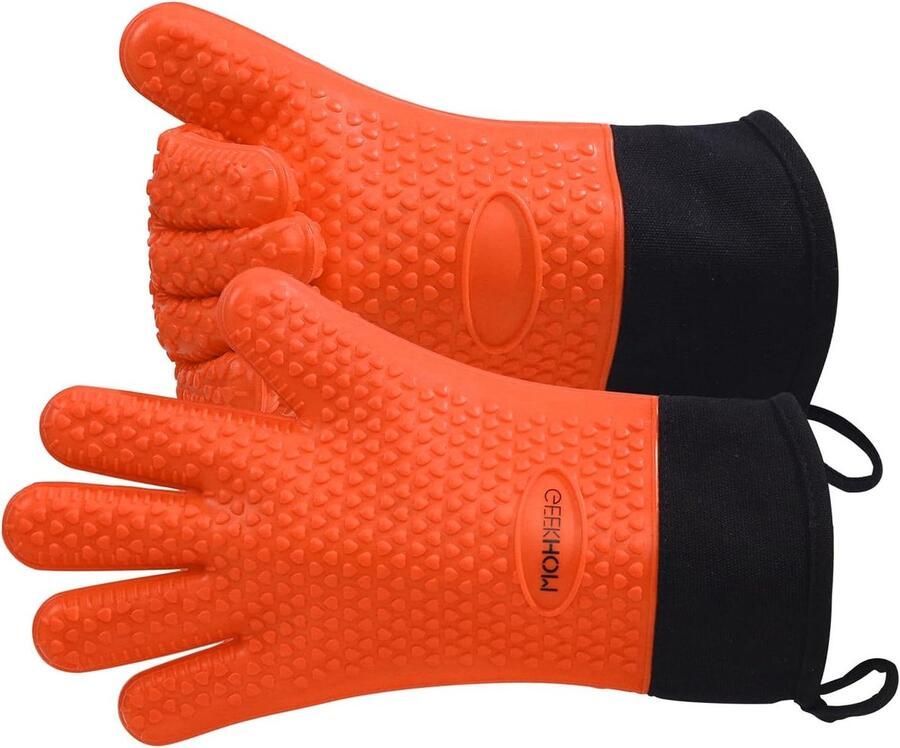 Hittebestendige BBQ handschoenen waterdichte silicone ovenhandschoenen antislip pot houders voor koken en bakken ideaal voor grillen en pizza maken (Oranje 1)