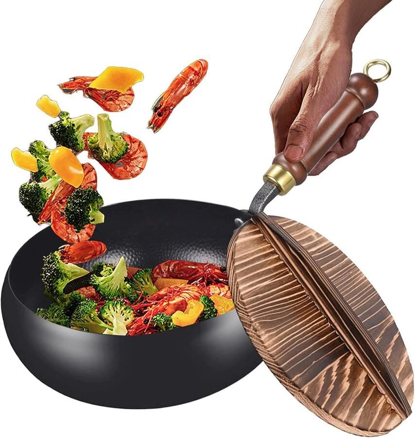 Hittebestendige Wokpan Kookpan Koekenpan Gelijkmatig Koken Antiaanbaklaag 24 cm Zwart