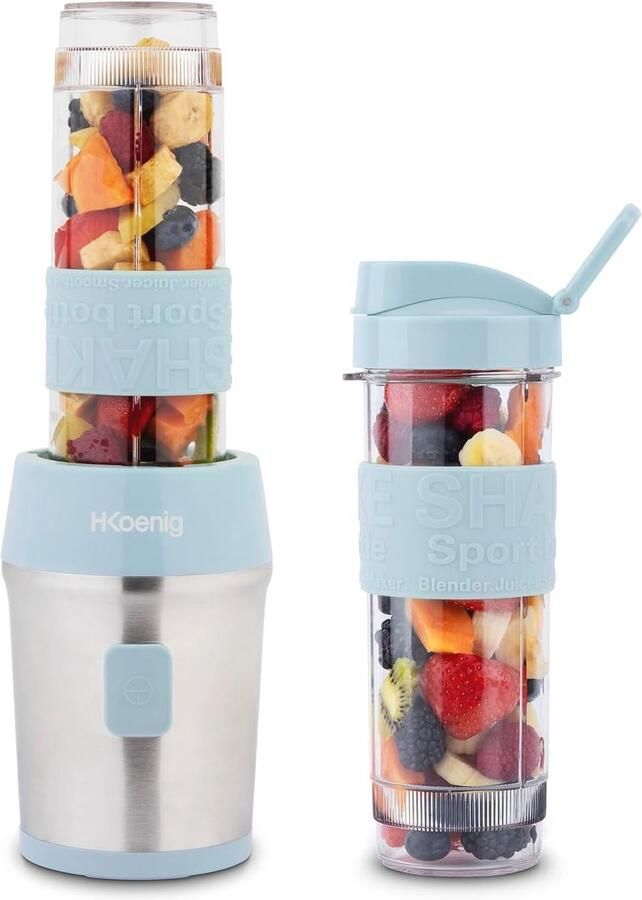 H.Koenig Mini Blender Smoothie Maker Compact SMOO16 570 ml BPA-vrij 300W 2 flessen met reisdeksel 4 roestvrijstalen messen Pastel Blauw
