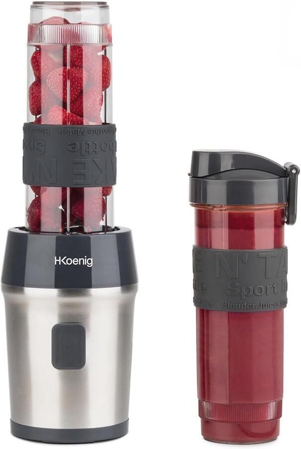 H.Koenig Mini Blender Smoothie Maker Compact SMOO9 570 ml BPA-vrij 300W Krachtig 2 flessen met reisdeksel 4 roestvrijstalen messen Zwart