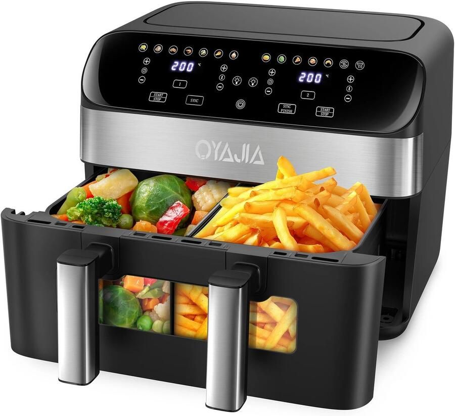HOB Dubbele Airfryer 10 L capaciteit 2 bakken Doorzichtig kijkvenster Digitaal touchscreen 12 Functies Compact design 2600 W