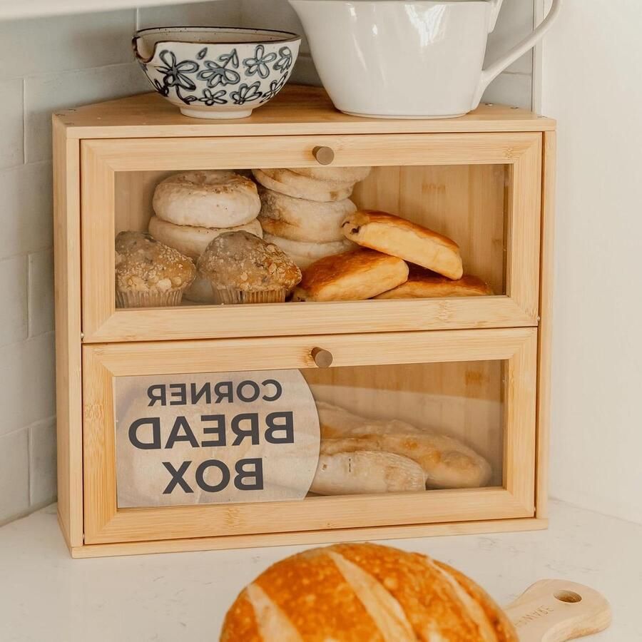 Hoekbroodtrommel Keuken Bamboe Broodopberger Brood Vers Houden Ruimtebesparend Hoekontwerp 17 Liter Capaciteit Natuurlijke Bamboe