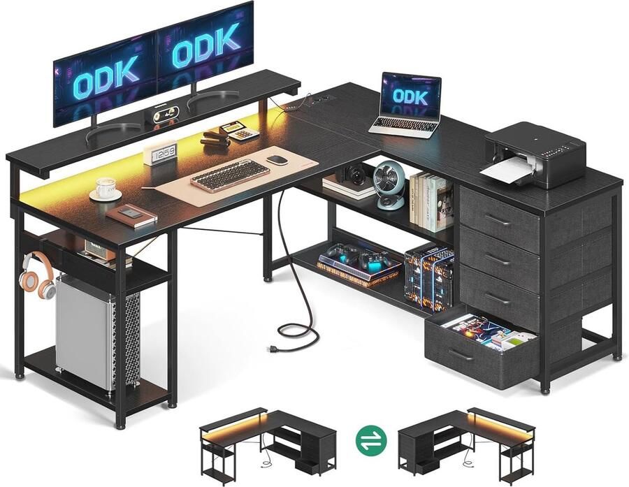 Hoekbureau met laden en LED-verlichting L-vormig bureau met USB-oplaadpoorten voor thuiskantoor 135 x 110 cm