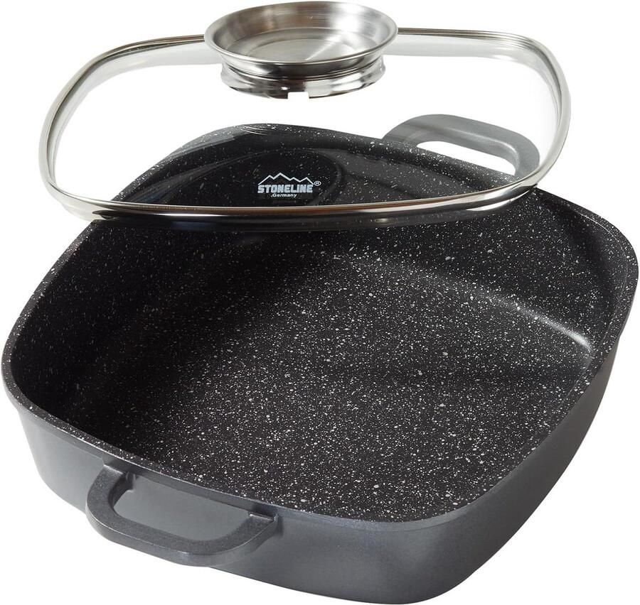 Hoekpan met Deksel Ovale Koekenpan Vetarm Koken Unieke Steen-coating 24x24 cm Zwart