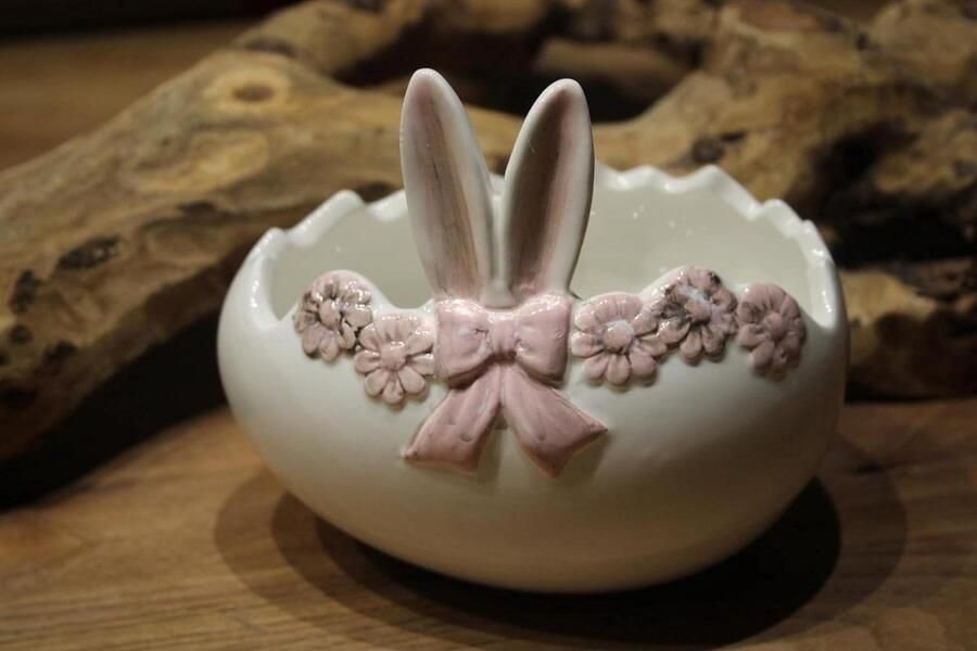 Holzwurm Ceramic Egg with Hare Ears Plant Easter Decoration 16.5 x 13.5 x 14.8 cm
