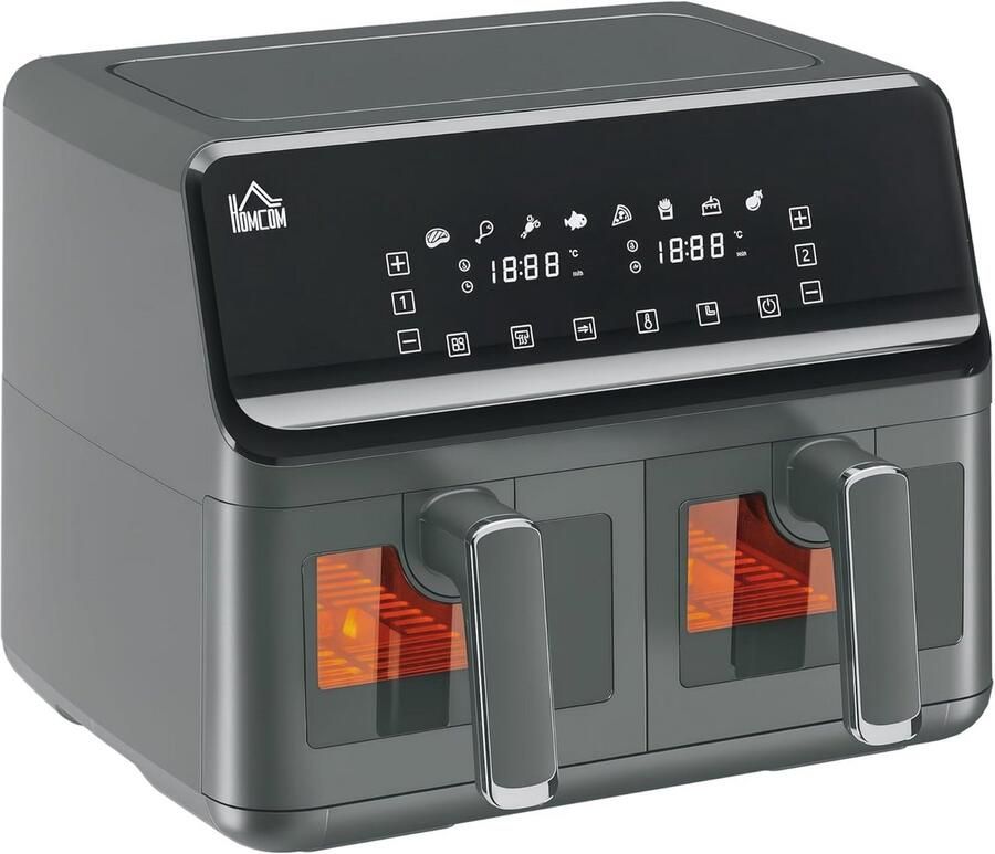 HOMCOM Airfryer olievrije airfryer 8 l 2500 W 8 programma's led-display instelbare temperatuur timer grijs