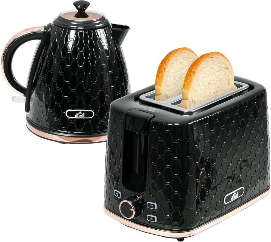 HOMCOM Waterkoker broodroosterset 2200 W 1 7 liter 2 sneden broodrooster 7 bruiningsniveaus opwarmen en ontdooien ontbijtset met kalkfilter en kruimelvak UK Otter thermostaat zwart