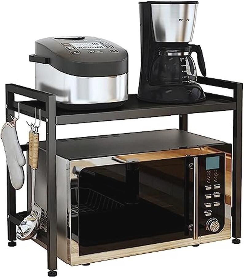 Homewell Magnetronrek 2-traps uitbreidbaar rek om in lengte verstelbaar moderne magnetronstandaard van koolstofstaal met mobiele haak voor keukenorganizer (1-delige set model 2 zwart)
