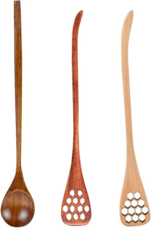 Honing Roerstok Honingdipper Lepel Thee Serveren Verlengde Handgreep 3 Delig Set Houtkleur