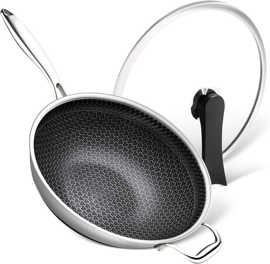 Honingraat Wokpan Roestvrij Staal Gezond Koken Vaatwasmachinebestendig 33 cm Zilver Zwart