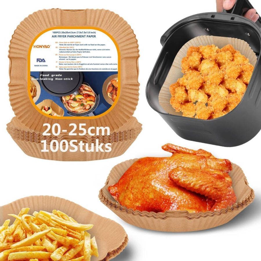 HONYAO Airfryer Bakpapier 20-25cm 100 stuks Wegwerp Bakpapier XXL voor Hetelucht Friteuse 5-7 3 L non-stick Air Fryer Papieren Voeringen voor Frituren Bakken Braden en Oliebestendig Vierkante