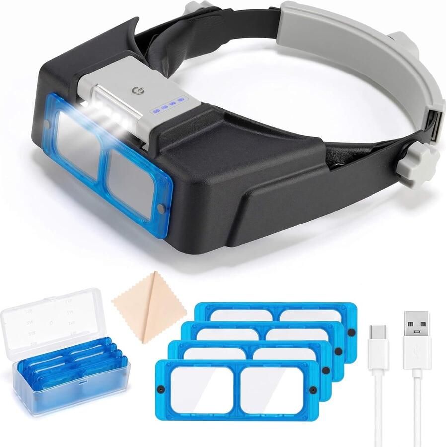 Hoofdloep met licht oplaadbaar 4 leds 3 niveaus batterijindicator verwisselbare lenzen 1 5 x 3 5 x verstelbare hoofdband voor precisiewerk lezen knutselen
