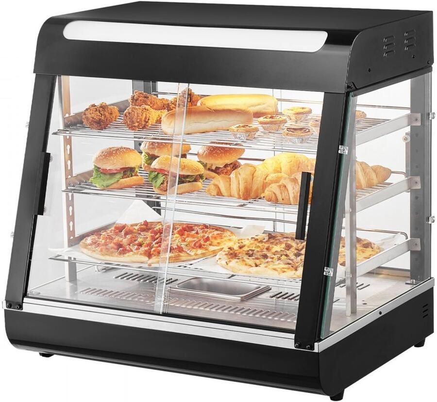 Horeca Warmhoudvitrine 3-laags Voedselverwarmer 1200 W Vermogen Binnenverlichting Verstelbare Schappen Temperatuurdisplay Stoomverwarming 30–85 °C Inhoud 111 L