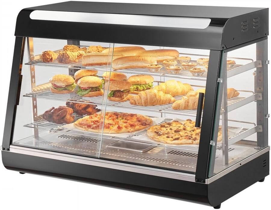 Horeca Warmhoudvitrine Voedselverwarmer 3-Laags Capaciteit 130L Vermogen 1500W Temperatuur 30–85°C Verlichting Verstelbare Planken Stoomverwarming