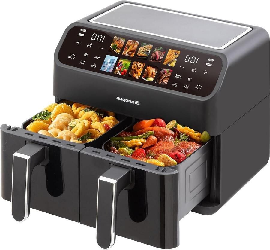 Hot Air Fryer Air Fryer Dual Zone Hot Air Fryer 9 Litres Double Chamber XXL 2000 W LED Touch Screen 10 Programs Fryer Hot Air Without Oil Air Fryer with 2 Baskets (9L-901A)