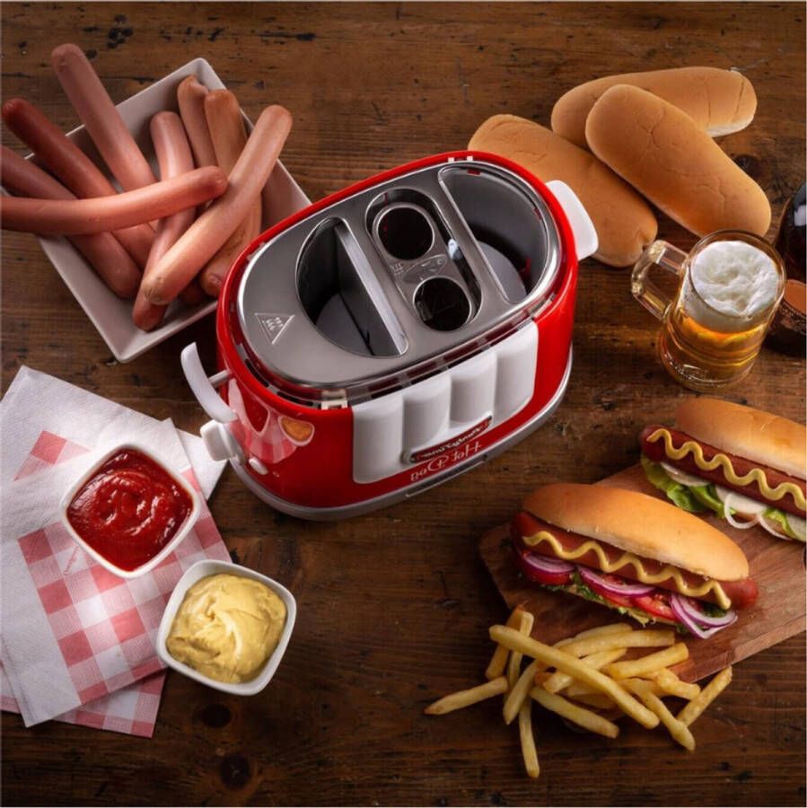 Hot Dog Maker – 206 Party Time – Automatische Hot Dog Machine – 4 Kookplaatsen – 5 Kookstanden – 650W – Rood
