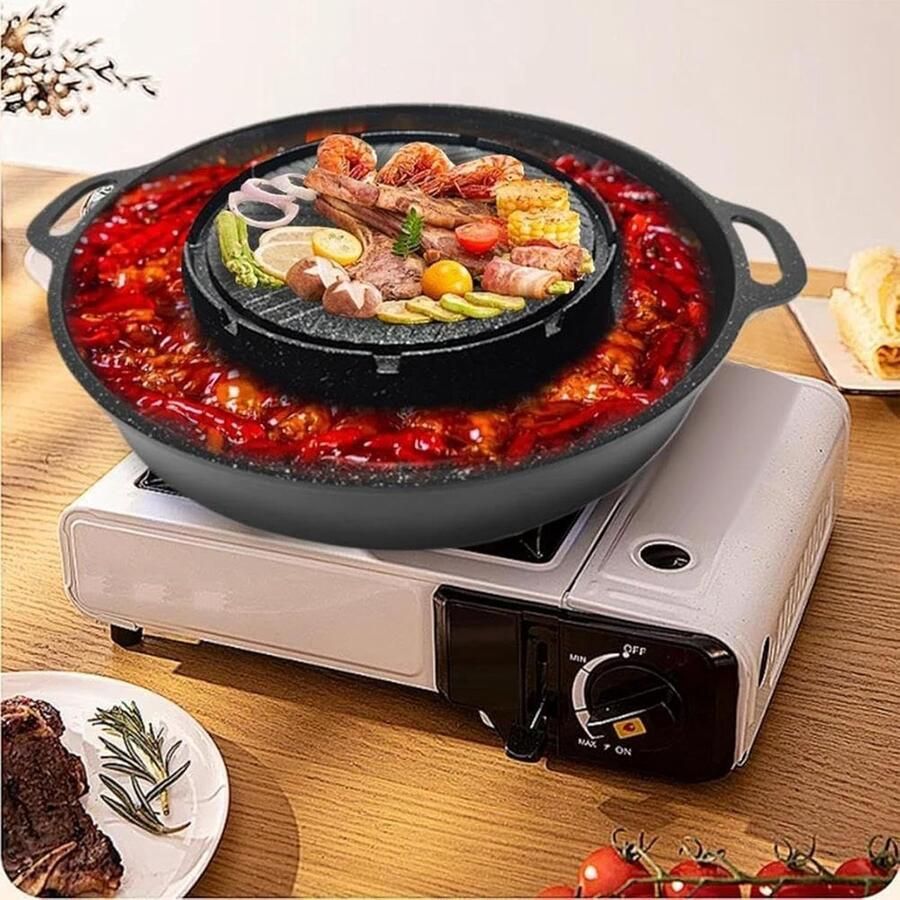 Binnenpan Grillplaat 2-in-1 Kookplaat Gezellig Tafelen Antiaanbaklaag 33.5 x 22 cm Zwart