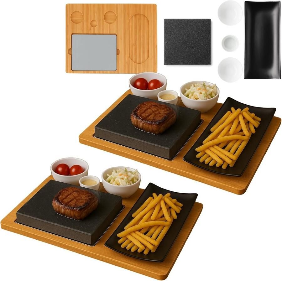 Hot Stone Grillset met Bamboe Serveerplank voor Perfect Gegrilde Biefstuk