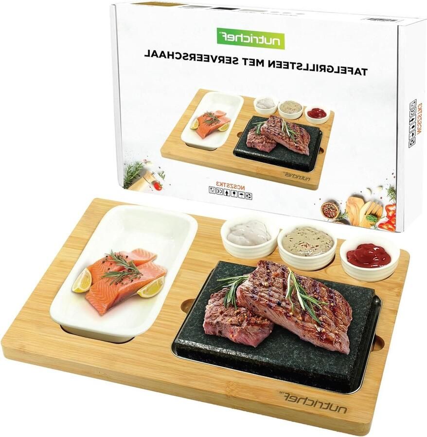 Hot Stone Kookset Grillsteen Bamboe Interactief Dineren Natuursteen Hittebehoud 18.49 x 13.89 cm Zwart