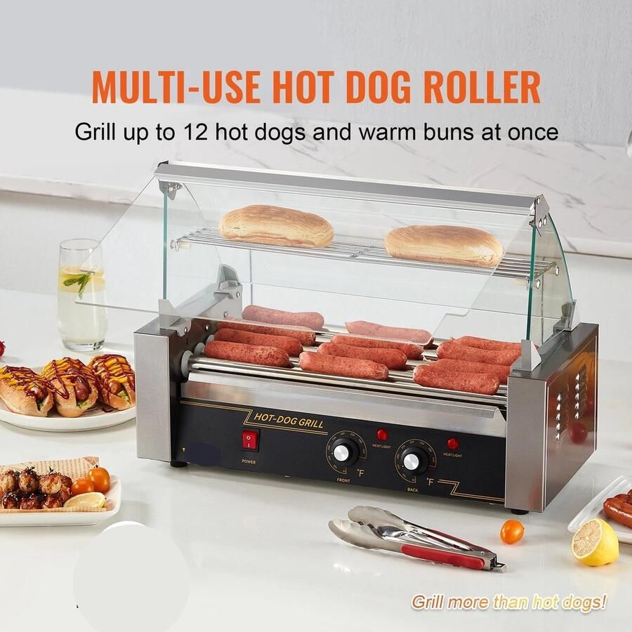 Hotdog Grill Machine Hotdog Grill Hotdogroller 11 RVS Rollen 750W Elektrische Grill met Deksel Twee Temperatuurregelaars Spatwand en plank voor Keuken en Feestjes Capaciteit 12 Stuks