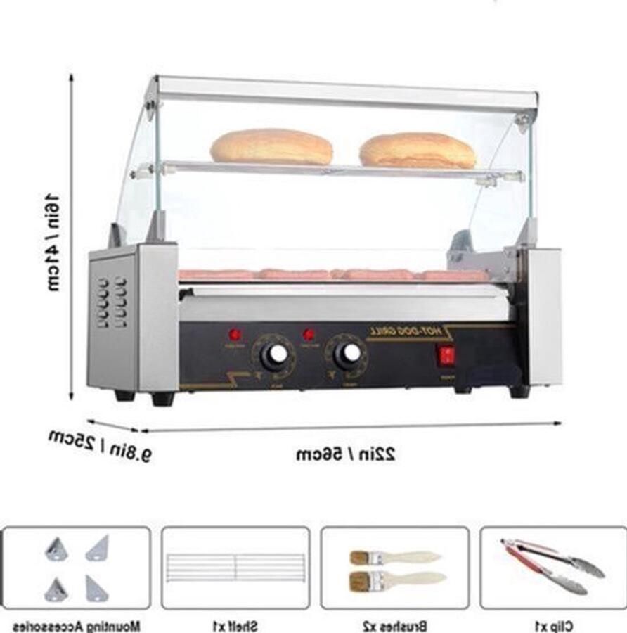 Hotdog Grill Machine Hotdog Grill Hotdogroller 5 RVS Rollen 750W Elektrische Grill met Deksel Twee Temperatuurregelaars Spatwand en plank voor Keuken en Feestjes Capaciteit 12 Stuks