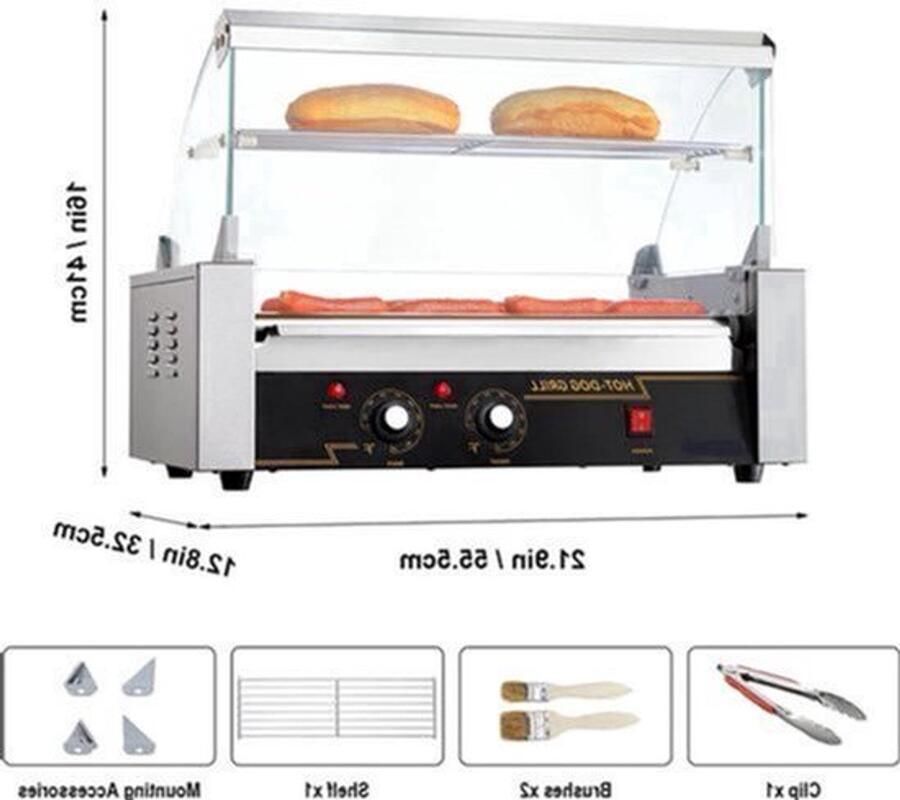 Hotdog Grill Machine Hotdog Grill Hotdogroller 7 RVS Rollen 750W Elektrische Grill met Deksel Twee Temperatuurregelaars Spatwand en plank voor Keuken en Feestjes Capaciteit 12 Stuks