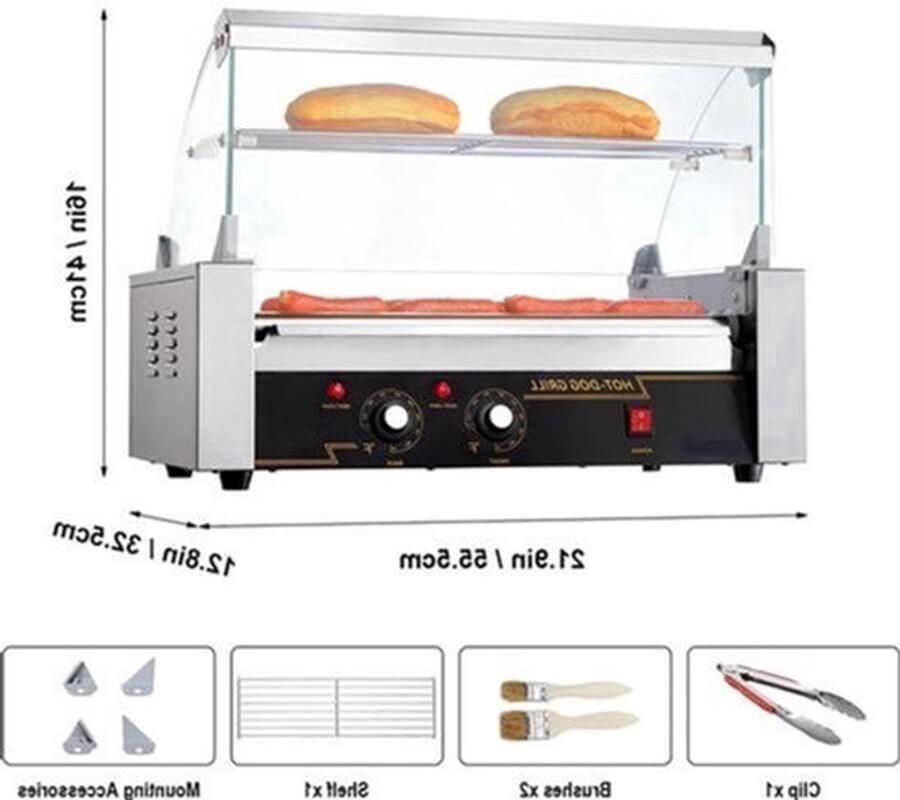 Hotdog Grill Machine Hotdog Grill Hotdogroller 7 RVS Rollen 750W Elektrische Grill met Deksel Twee Temperatuurregelaars Spatwand en plank voor Keuken en Feestjes Capaciteit 12 Stuks