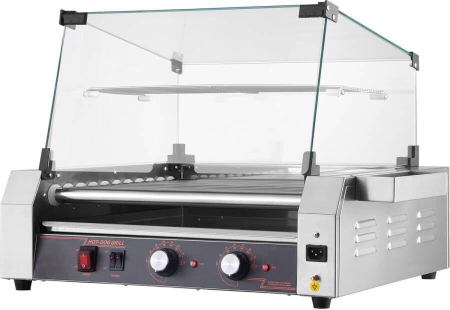 Hotdog Grillmachine met 11 Roestvrijstalen Rollen 2200 W Elektrische Grill met Deksel Twee Temperatuurregelaars Opbergdoos Aan de Zijkant Verwijderbaar Rek en Lekbak voor Olie