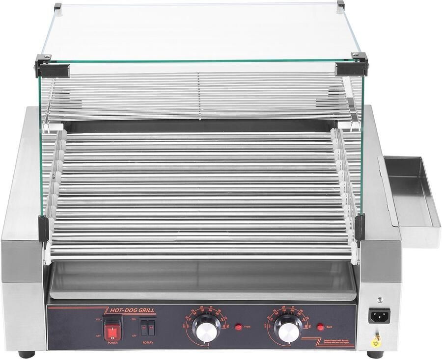 Hotdog Grillmachine met 11 Roestvrijstalen Rollen 2200 W Elektrische Grill met Deksel Twee Temperatuurregelaars Opbergdoos Aan de Zijkant Verwijderbaar Rek en Lekbak voor Olie
