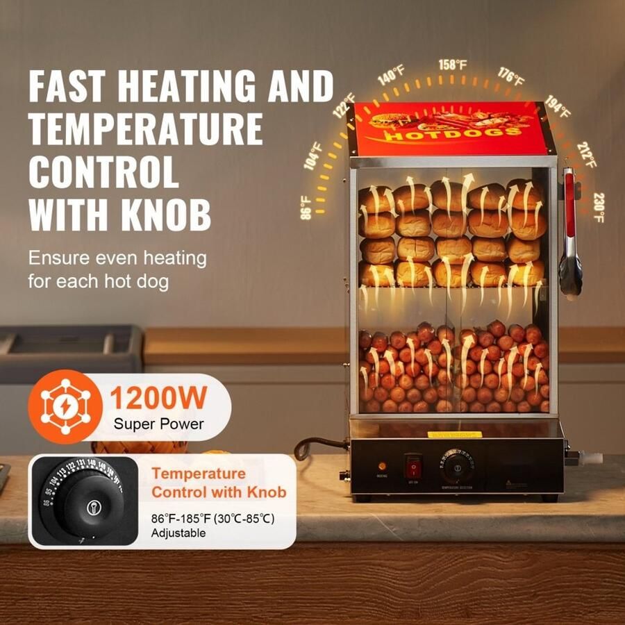 Hotdogstomer Elektrisch 2-laags Model Inhoud 37 L Temperatuur 30–85 °C Schuifdeuren van Gehard Glas Roestvrij Staal Met Broodjeswarmer