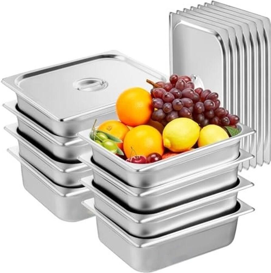 Hotelpannen set GN 1 2 Stoompannen 8-delig 10 cm Diep Met Deksel 0 8 mm Dik Voor Horeca en Catering Roestvrij Staal