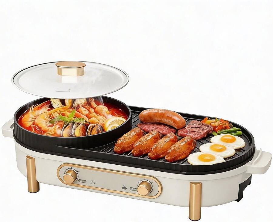 Hotpot Elektrisch 2-in-1 Grill & Fondue voor Gezellige Diners – Hotpot Elektrisch met Koreaanse BBQ Grillplaat & Regelbare Temperatuur – Korean BBQ Multifunctioneel & Rookloos Design Ideaal voor 4 Personen & Thuisgebruik