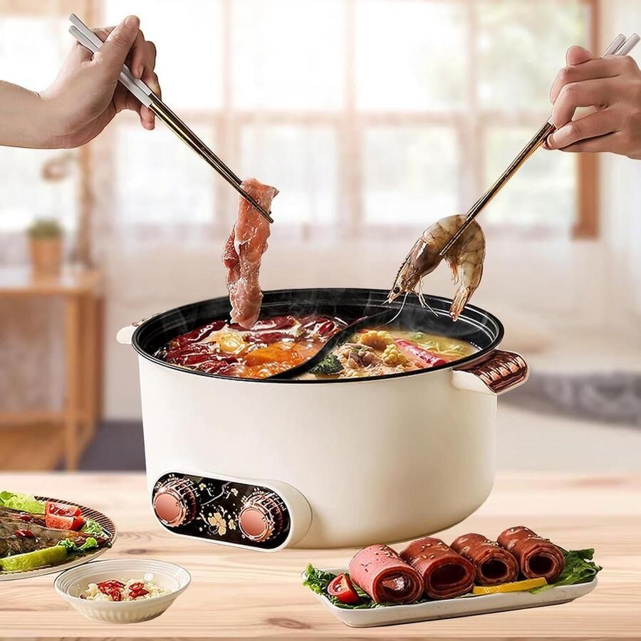 2 sided electric hot pot with two regulators 5L electric cooking pot 1350W three power settings frying pan non-stick coating multifunctional quick soup pot for roasting ramen fondue soup