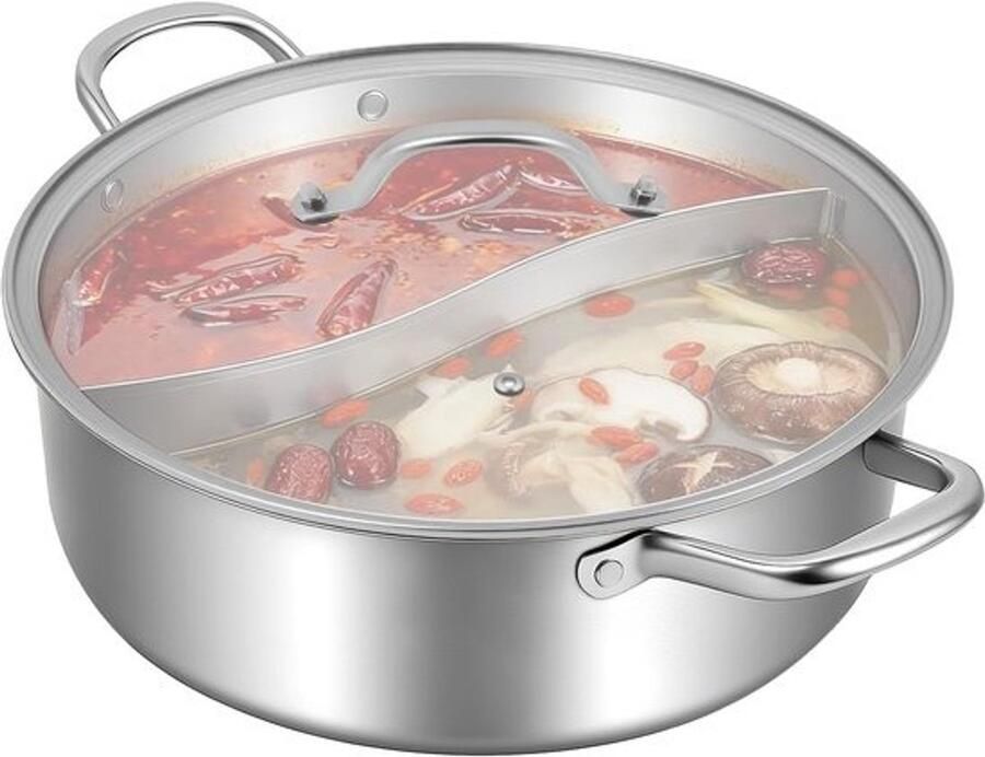 Hotpot Pan Kookpan Soeppan Familie Diner Koken Twee Compartimenten 32 cm 4 Liter Zilver