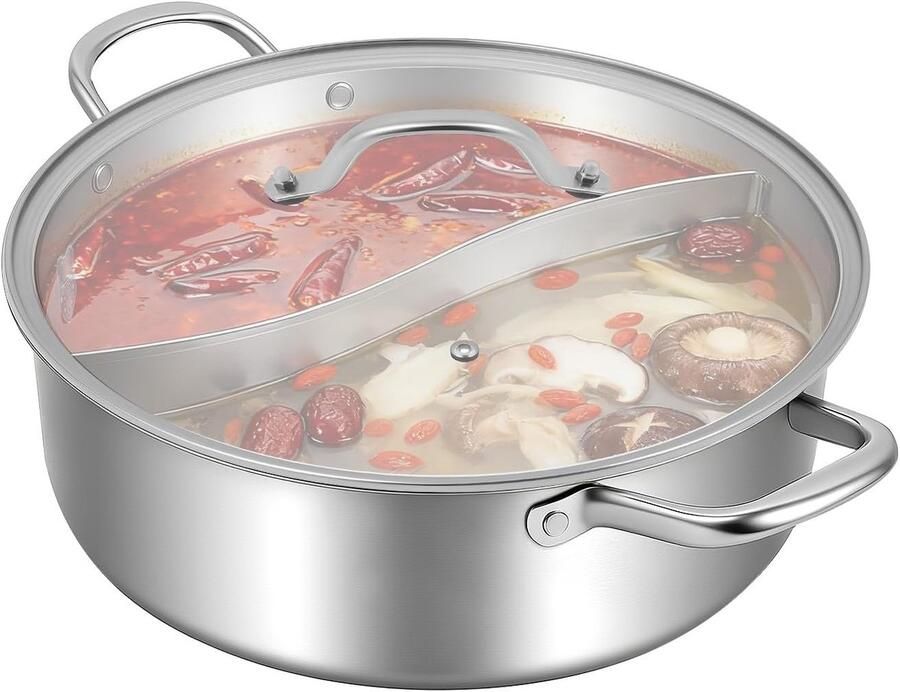 Hotpot Pan Kookpan Soeppan Familie Diner Koken Twee Compartimenten 32 cm 4 Liter Zilver