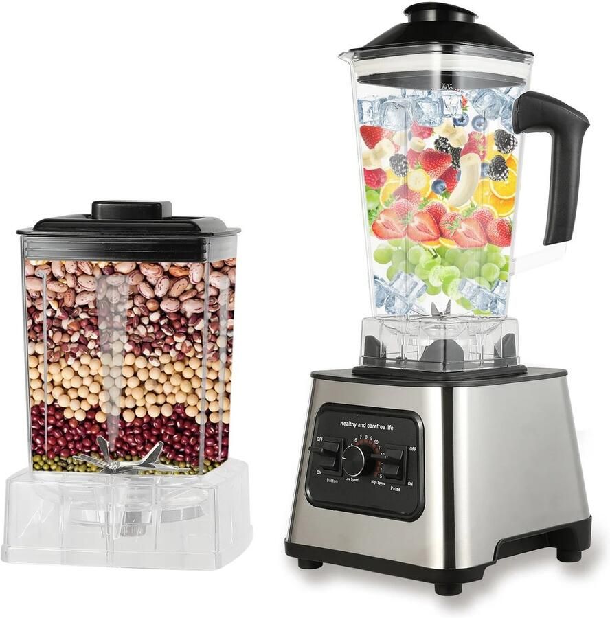 House Of Atelier Blender Smoothiemaker Mixer 2-in-1 Multifunctioneel 2L + 0 5L potten 6000W 9 snelheden Zilver Zwart