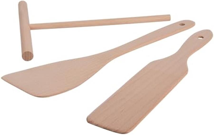 Houten accessoireset voor crêpes – 3-delig set met pannenspatel spatel en deegverdeler voor perfecte pannenkoeken