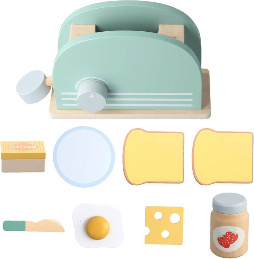 Kinderkeuken Z-accessoires: 9-delige houten broodrooster speelset voor kinderen met toast spiegelei en meer