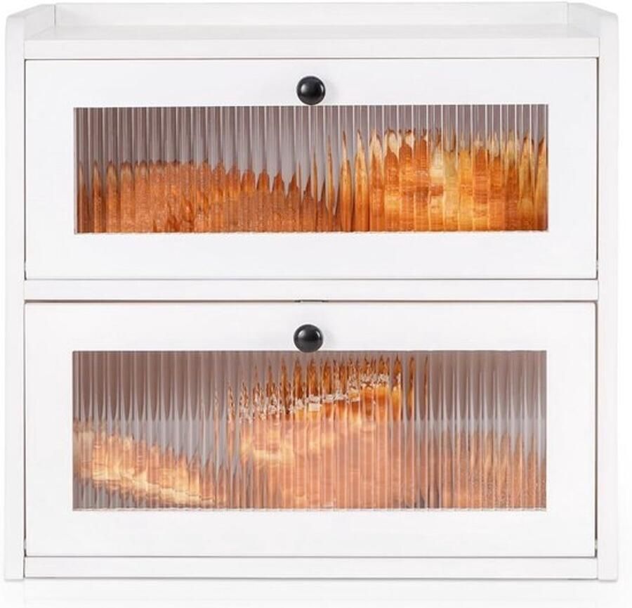 Houten Broodtrommel Dubbeldekker Grote Broodcontainer met Vooropening voor Zelfgebakken Brood Vintage Hoge Broodkast voor aan het Aanrecht Houdt Brood Vers (Wit)