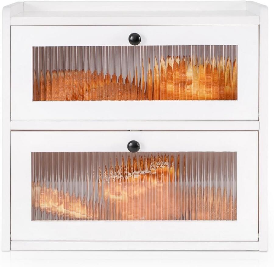 Houten Broodtrommel Dubbeldekker Grote Broodcontainer met Vooropening voor Zelfgebakken Brood Vintage Hoge Broodkast voor aan het Aanrecht Houdt Brood Vers (Wit)