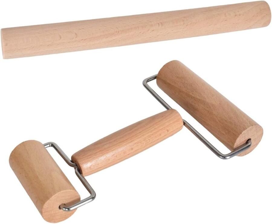 Houten deegroller set van 2 kleine en middelgrote deegrollers met T-vormige deegsnijder voor pizza taarten en desserts